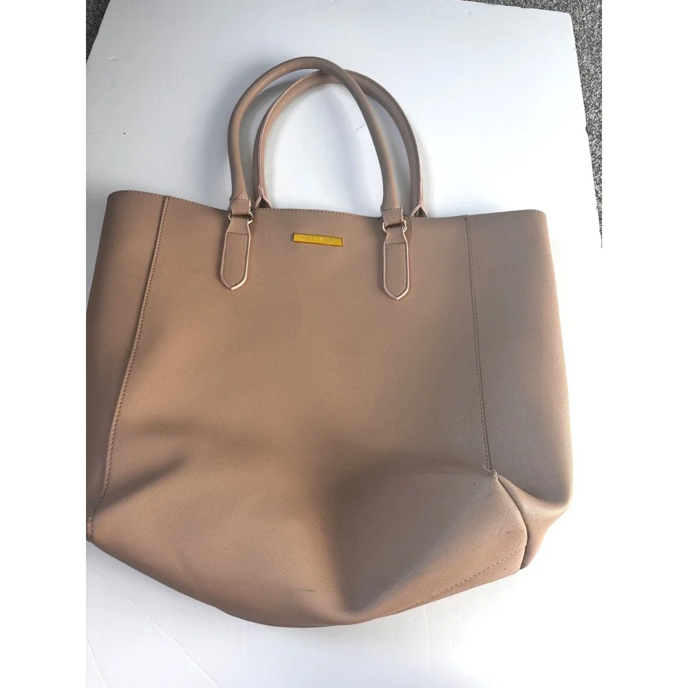 Vince Camuto Taupe Saffiano Vegan Leather Tote Bag Gold Hardware Large Purse